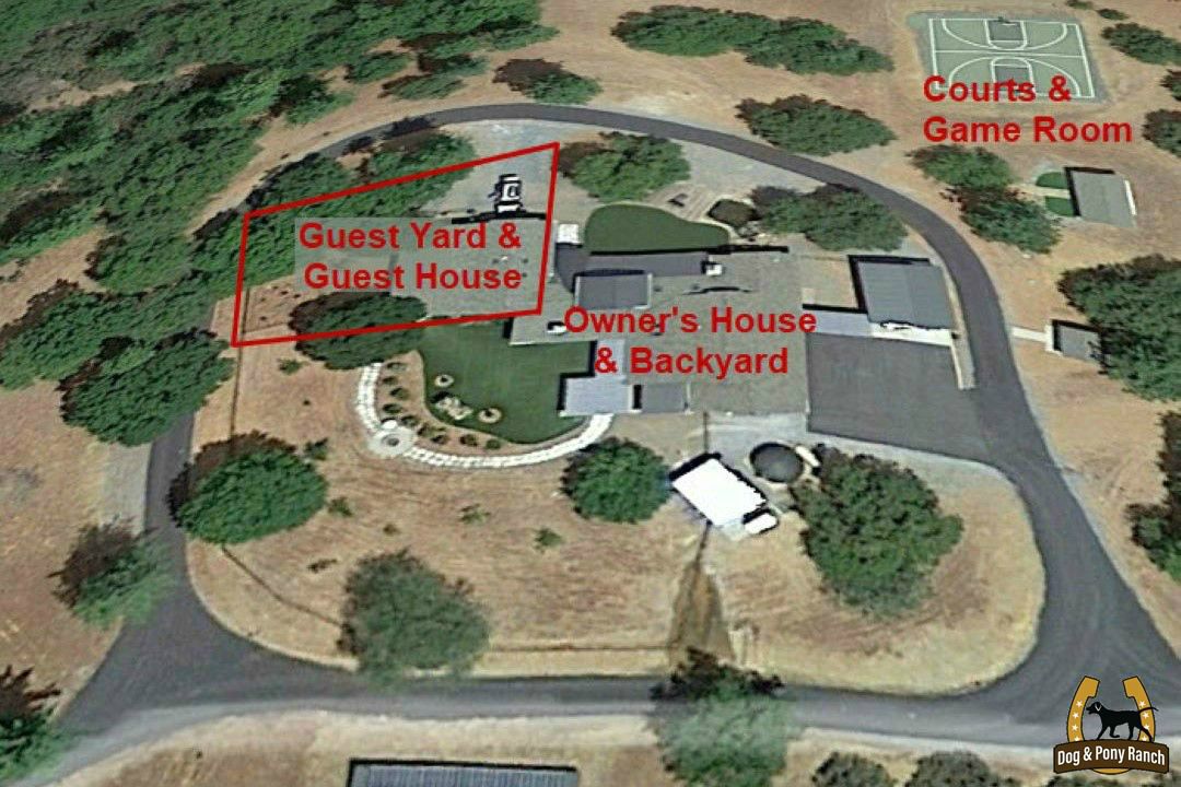 aerial layout of hilltop house and yards